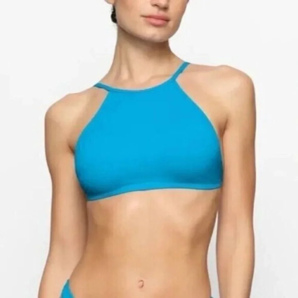 SKIMS Women's Turquoise Blue Swim High Neck Tie Back Bikini Top Size Small NWT